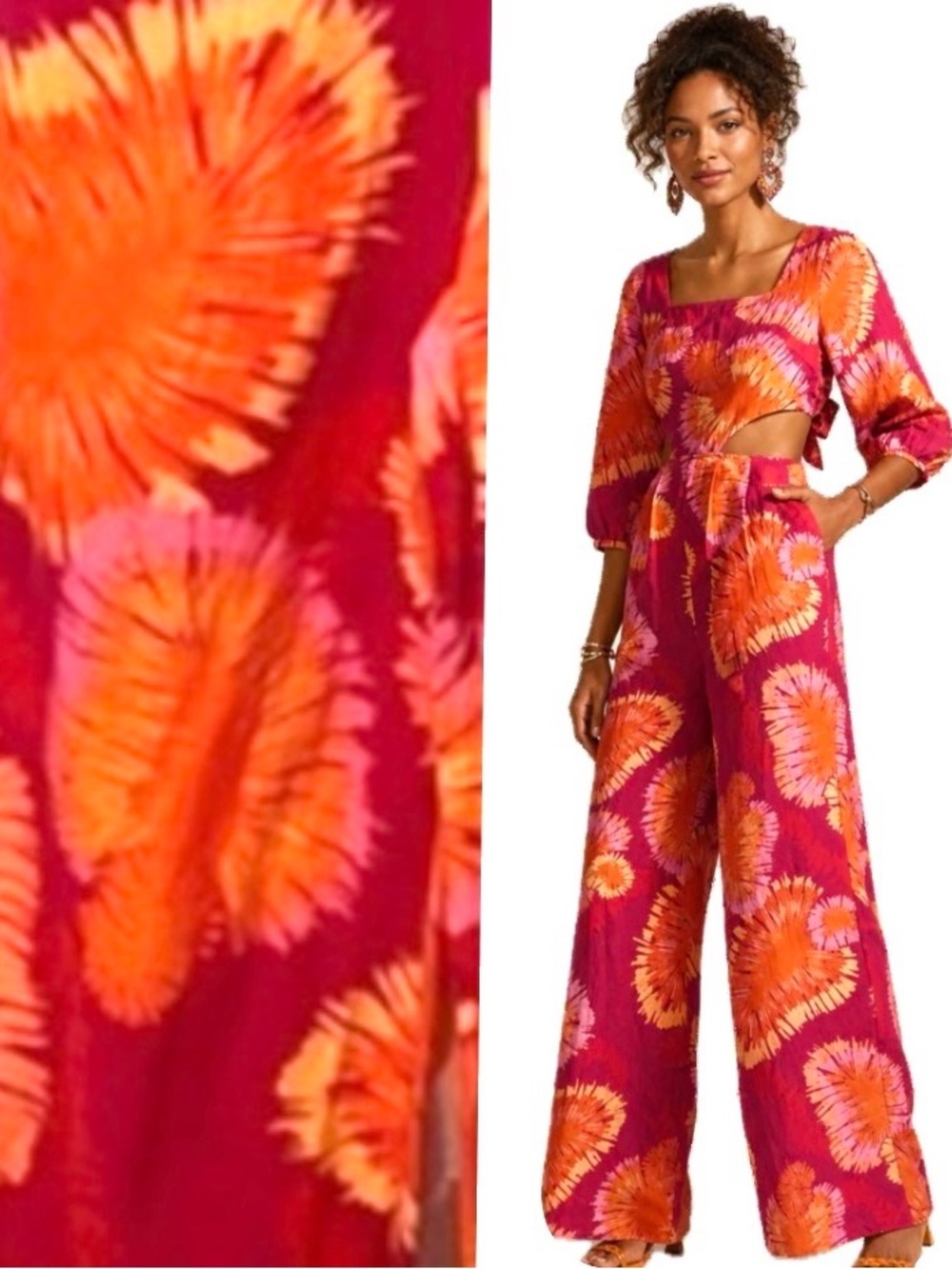 Farm Rio, Floral Print Jumpsuit in Pink and Orange, Size M